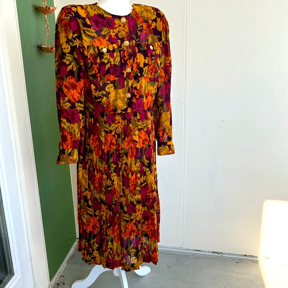 Vintage 80s 90s Leslie Fay Petite Collections Fall Print Dress - Picture 1 of 8